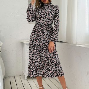 Women Floral Print Long Sleeve Knit Dress