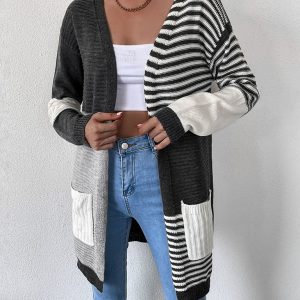 Women's striped color blocking buttonless knit cardigan