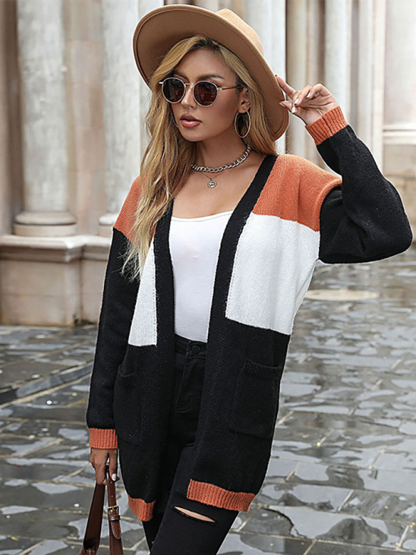 Women's fashion long sleeve color blocking sweater cardigan - Image 5
