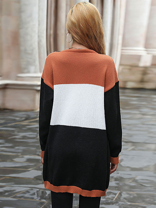 Women's fashion long sleeve color blocking sweater cardigan - Image 4