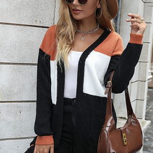 Women's fashion long sleeve color blocking sweater cardigan