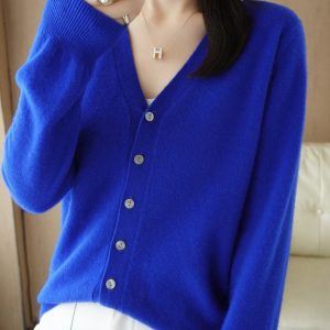 V-neck solid color short knitted cardigan coat sweater