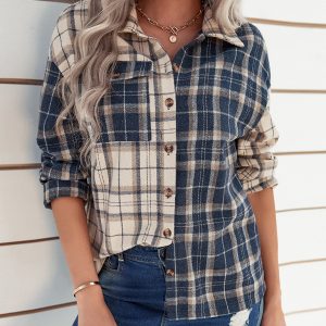 Women's lapel plaid long sleeve loose shirt