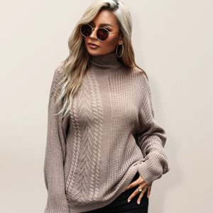 Autumn European and American Fashion Women's Solid Long Sleeve fried dough twist High Neck Sweater
