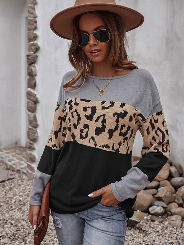 Women's leopard print stitching sweater long sleeve soft warm top - Image 4