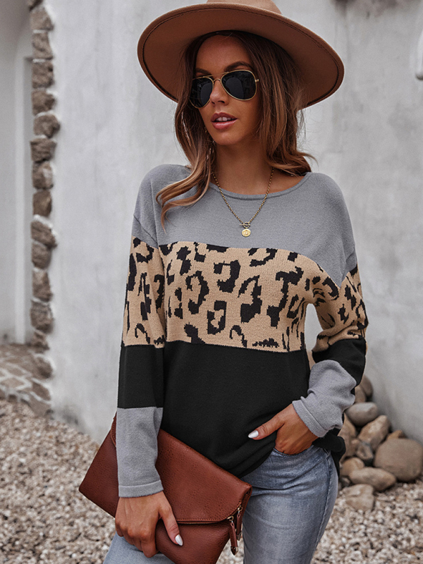 Women's leopard print stitching sweater long sleeve soft warm top - Image 5