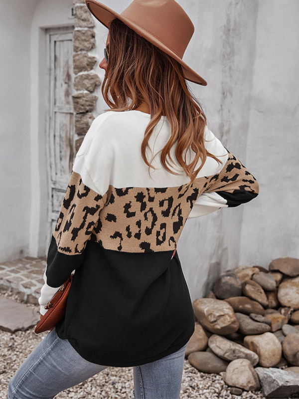 Women's leopard print stitching sweater long sleeve soft warm top - Image 9