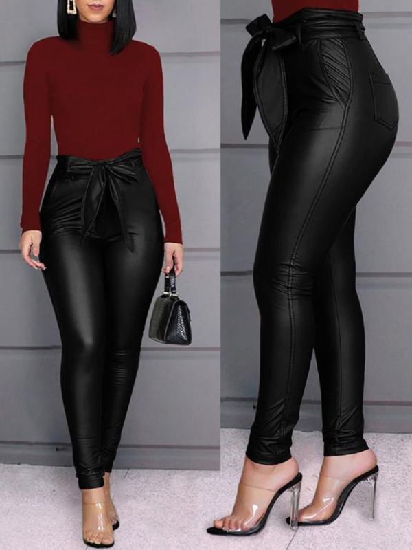 Ladies Fashion Casual PU Pants Leather Pants (with Belt) - Image 7