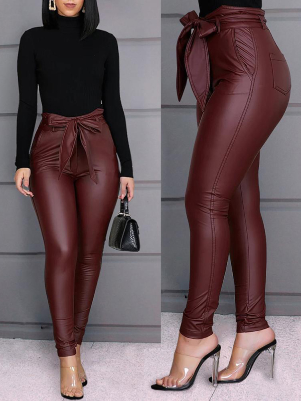 Ladies Fashion Casual PU Pants Leather Pants (with Belt) - Image 2