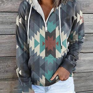 New ethnic tribal print hooded sweater jacket top