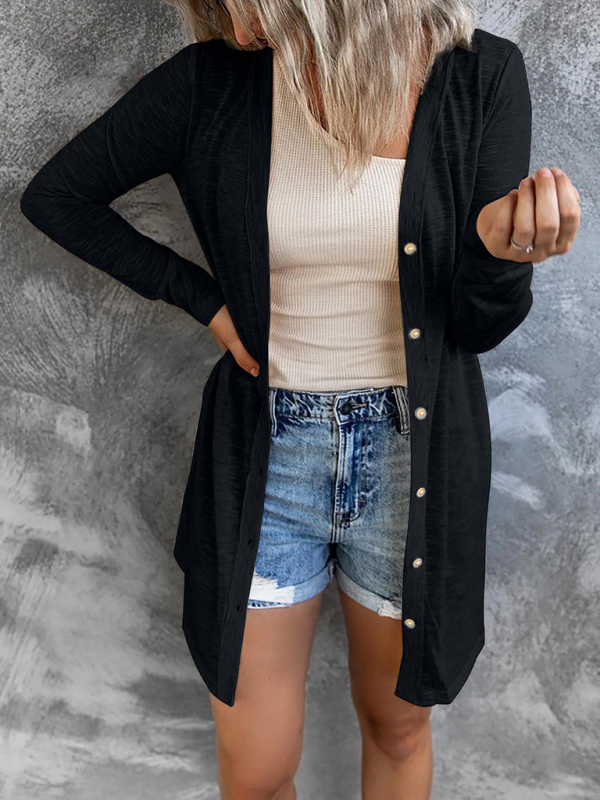 Women's long button solid color casual long-sleeved knitted cardigan for women - Image 2