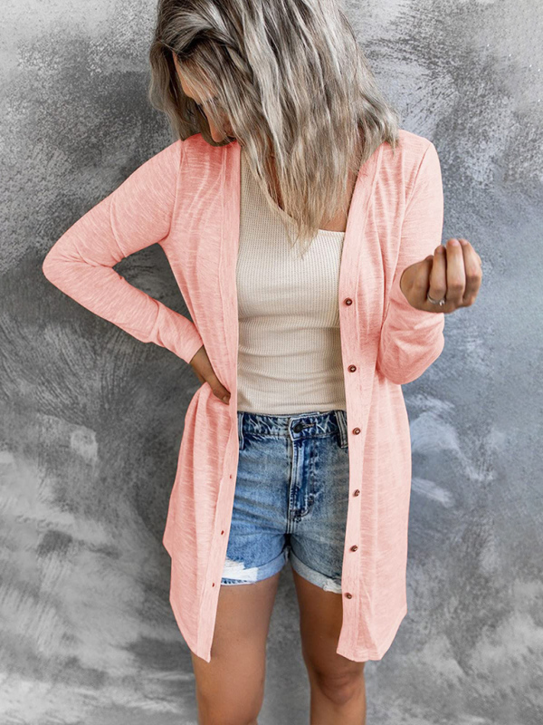 Women's long button solid color casual long-sleeved knitted cardigan for women - Image 6