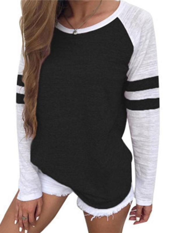 Contrast color stripe stitching long-sleeved T-shirt round neck color block top - Image 7