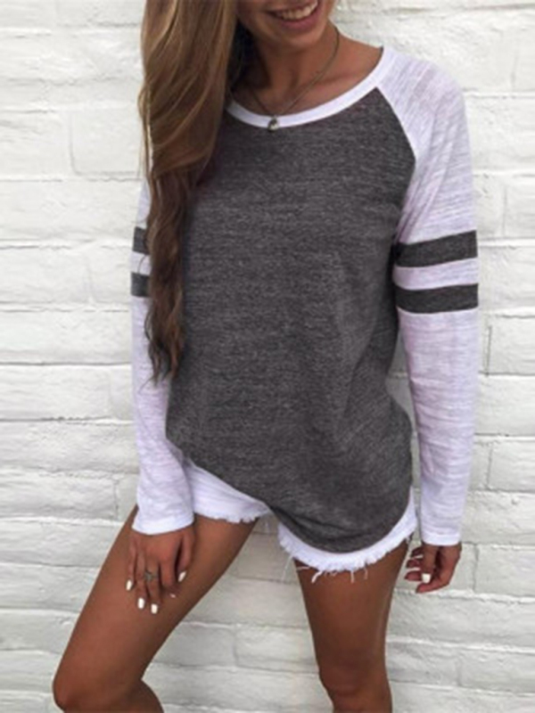 Contrast color stripe stitching long-sleeved T-shirt round neck color block top - Image 2