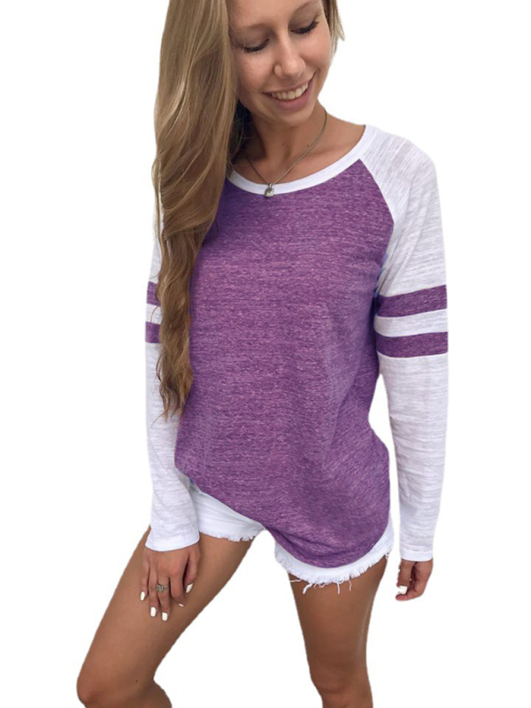 Contrast color stripe stitching long-sleeved T-shirt round neck color block top - Image 13
