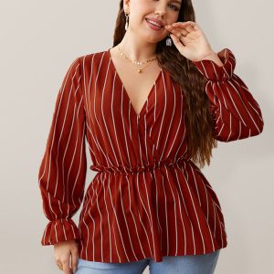 Plus size cotton loose striped style stitching lapel foreign style retro temperament commuter shirt