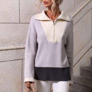 Pullover Color Block Knit Long Sleeve Zippered Sweater