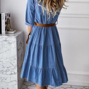 Women's Denim Lapel Panel Button Breasted Midi Dress