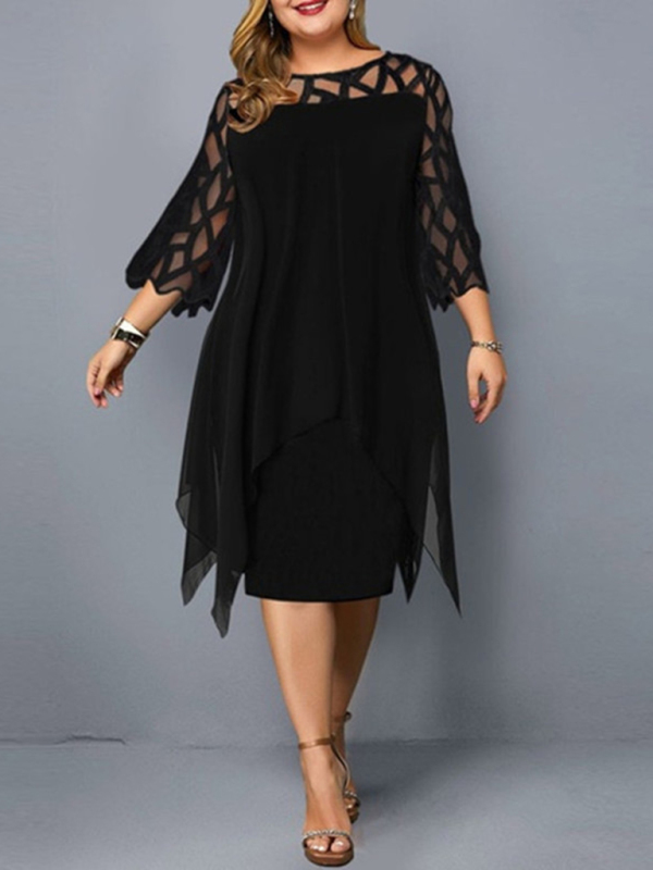 Women's Lace Stitching Three-quarter Sleeve Irregular Hem Chiffon Dress - Image 4