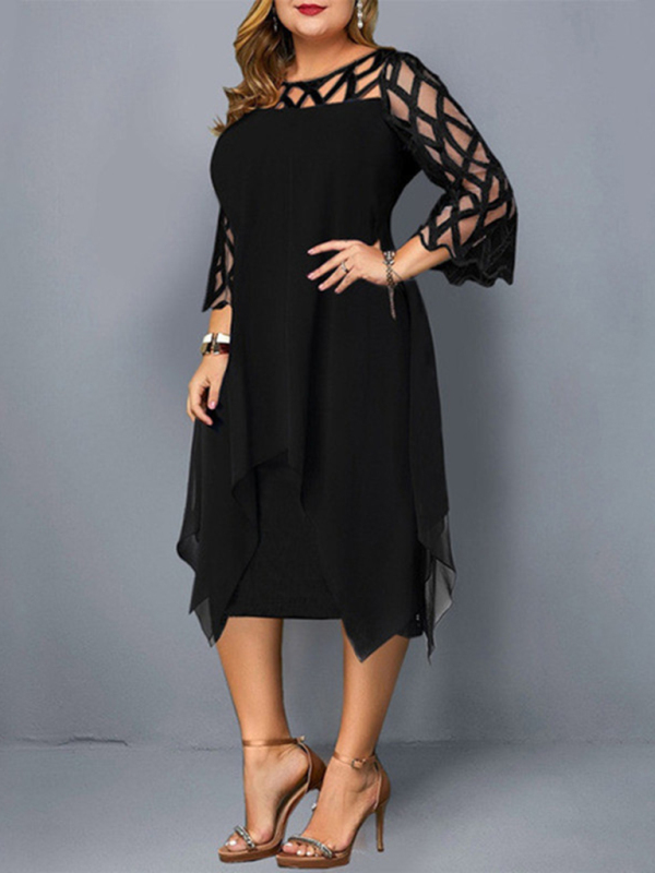 Women's Lace Stitching Three-quarter Sleeve Irregular Hem Chiffon Dress - Image 2