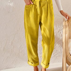 High Waist Lounge Pants Solid Color Corduroy Loose Straight Leg Trousers