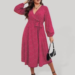 Plus size big pendulum polka dot long sleeve commuter red dress