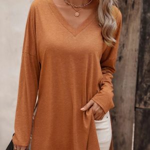 Women's casual solid color simple V-neck slit long-sleeved T-shirt