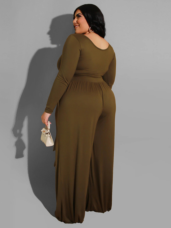 Women's plus size solid color knitted casual two-piece set - Image 4