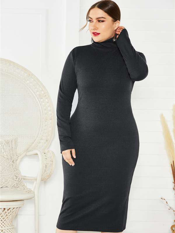 Women's Plus Size Solid Color Knit Turtleneck Long Sleeve Dress - Image 21
