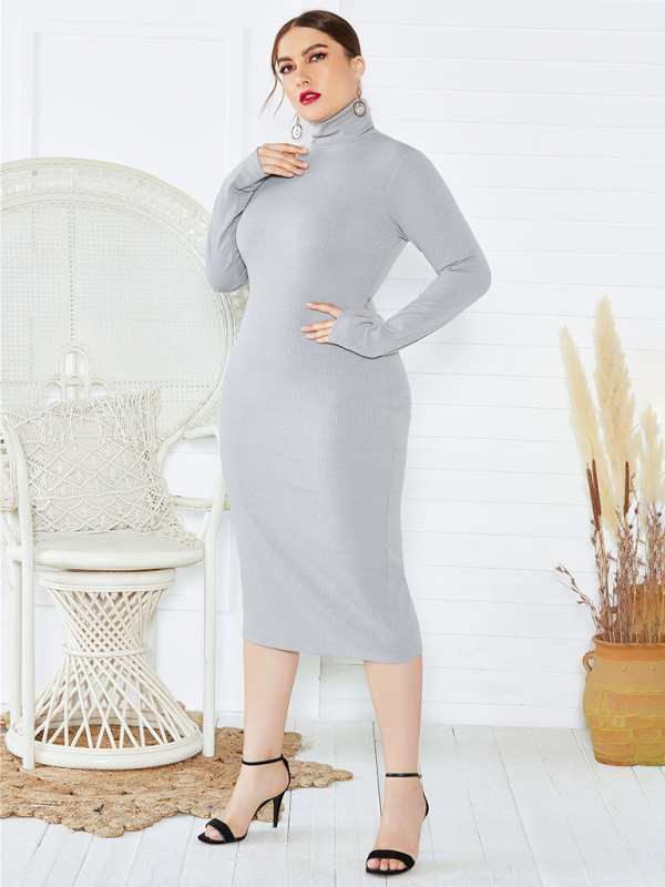 Women's Plus Size Solid Color Knit Turtleneck Long Sleeve Dress - Image 3
