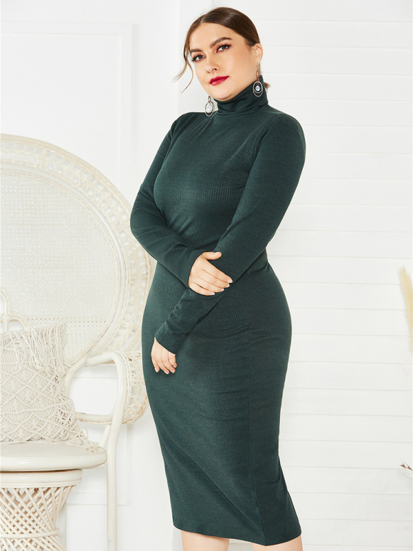 Women's Plus Size Solid Color Knit Turtleneck Long Sleeve Dress - Image 11