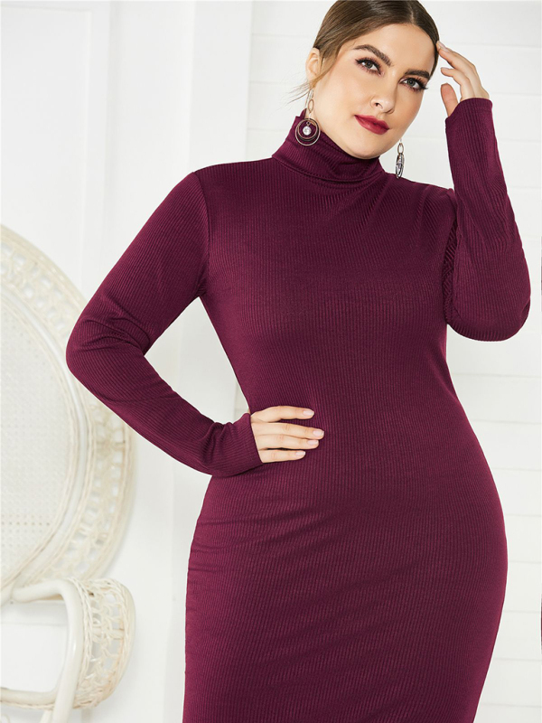 Women's Plus Size Solid Color Knit Turtleneck Long Sleeve Dress - Image 4