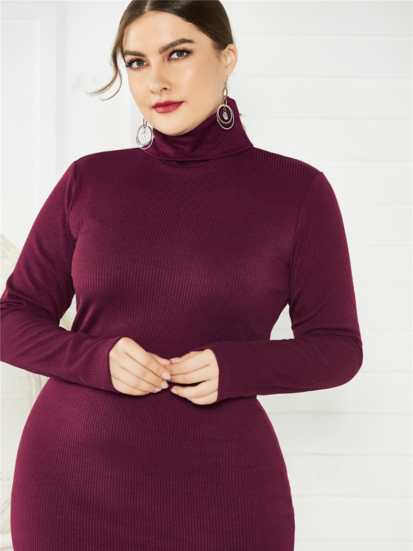 Women's Plus Size Solid Color Knit Turtleneck Long Sleeve Dress - Image 18
