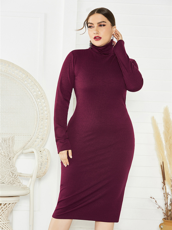 Women's Plus Size Solid Color Knit Turtleneck Long Sleeve Dress - Image 20