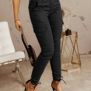Women's trousers Low waist button solid color pocket bound overalls