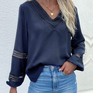 Women's woven V-neck stitching hollow lace shirt