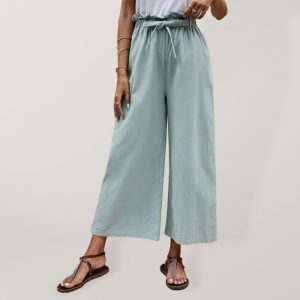 Women's Solid Color Elastic Waist Casual Belted Wide Leg Pants