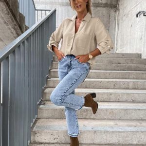 Women's new simple solid color pull-sleeve V-neck button lapel shirt