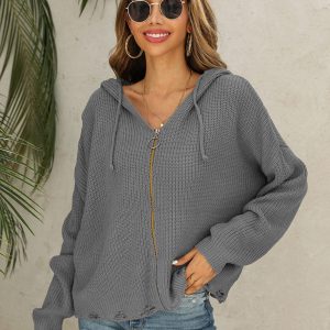 New Hooded Hole Cardigan Knitted Jacket Sweater