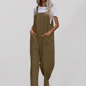 Trendy cotton and linen lazy style pure color sleeveless suspenders one-piece overalls for women