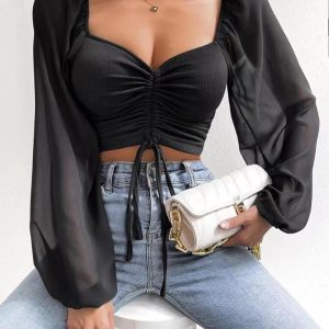 Drawstring Knit Paneled Chiffon Top Feminine Top European and American