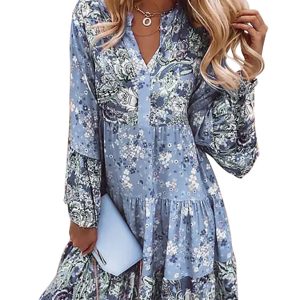 New V-neck floral mosaic printed skirt cropped sleeve layered mini dress