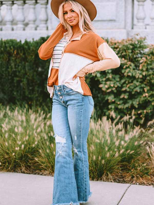 Women's loose stitching striped color block pullover sweater - Image 3