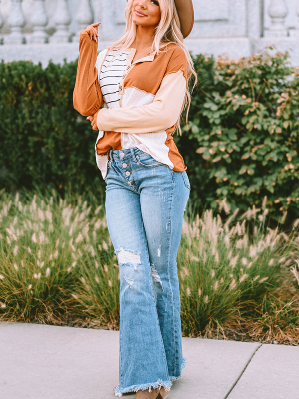 Women's loose stitching striped color block pullover sweater - Image 2