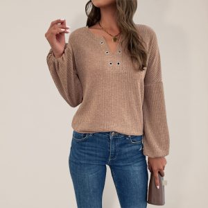 Women's Knitted V-Neck Pit Lantern Sleeve Top