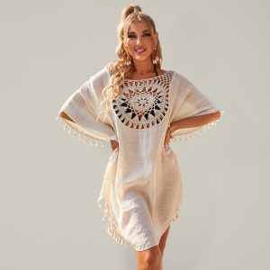 Sexy off-shoulder hollow loose tassel bikini with ins wind and beach blouse