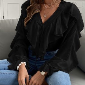 V Neck Ruffle Top Shirt Long Sleeves
