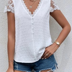 Summer new V-neck chiffon lace shirt