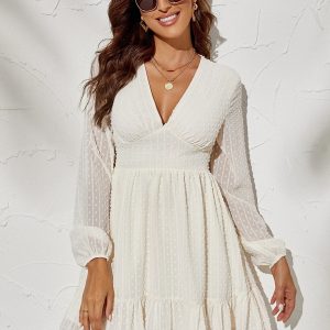 Women's solid elegant polka dot jacquard dress