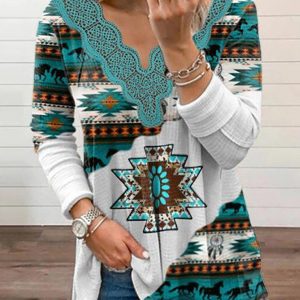Women's Knitted Casual Ethnic Aztec Print Lace Top